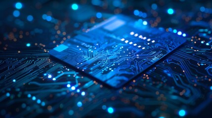 Poster - Close-Up of a Circuit Board With Glowing Blue Lights