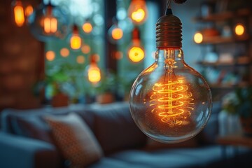 Poster - Warmly lit Edison bulb with filament detail in a cozy indoor setting with bokeh