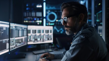 Poster - Man Monitoring Data on Multiple Computer Screens at Night