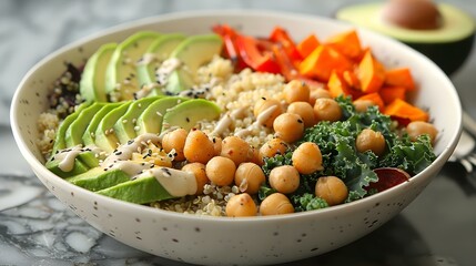 Poster - Savory Quinoa Veggie Bowl with Creamy Tahini Drizzle. Concept Quinoa, Vegetables, Tahini, Savory, Bowl