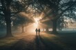 A serene park scene at dawn, with two people holding hands and walking towards the camera through misty trees Generative AI