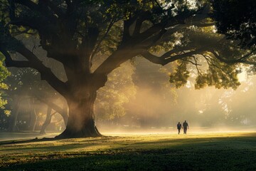 A serene park scene at dawn, with mist rising from the grass and two people holding hands walking among large trees The light is soft and diffused, creating an atmosphere of tranquility Generative AI