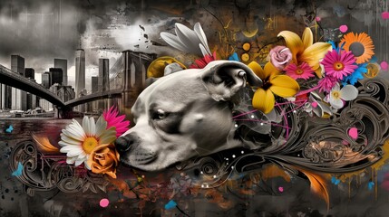 Wall Mural - pit bull dog collage art