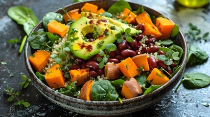 Poster - Colorful Vegan Quinoa Bowl with Avocado & Sweet Potato. Concept Vegan Recipes, Quinoa Bowls, Healthy Eating, Plant-Based Meals, Vegetarian Cooking