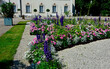 różowe, białe i fioletowe kwiaty w wiejskim ogrodzie, kwietnik w ogrodzie pałacowym, Dahlia, Delphinium elatum, Gypsophila, colorfull flower in cottage garden, flowerbed in garden	