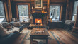 A rustic cabin living area with a fireplace and natural wood elements.