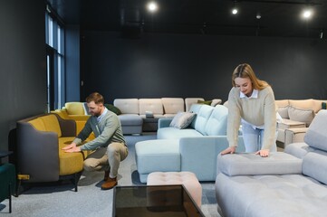 Wall Mural - Happy couple choosing furniture in store