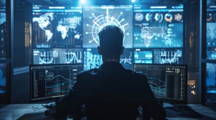 Aufkleber - Analyst Monitoring Data on Multiple Screens at Night