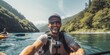 A guy rafts down a mountain river in a kayak. Generative AI.