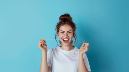 Canvas Print - A woman is smiling and holding a piece of dental floss. Concept of good health and hygiene, as the woman is taking care of her teeth by flossing. The blue background adds a calming