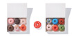 Decorated donuts in a box on white background