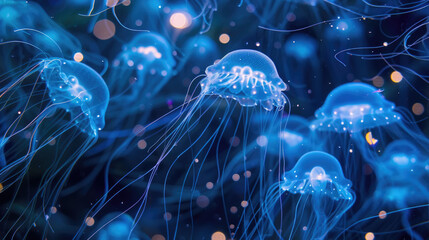 Wall Mural - Several blue jellyfish floating in the deep blue ocean