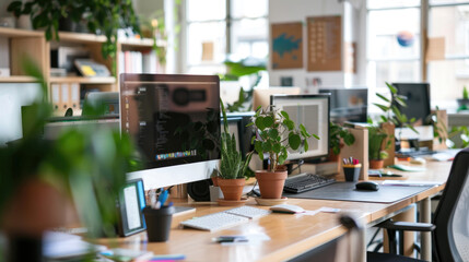 Poster - A contemporary desk with a sleek computer monitor and keyboard, adorned with green plants in pots