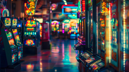 a vibrant casino arcade area full of colorful slot machines and electronic games.