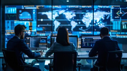 Poster - Monitoring Team at Work in High-Tech Control Room at Night