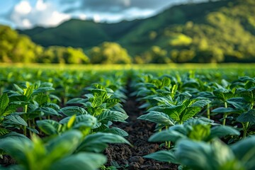 Wall Mural - Field with rows of young tobacco plants showcasing early stages of growth and agriculture