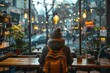A person sits with their back to the camera in a warm-lit café, sipping coffee and reflecting