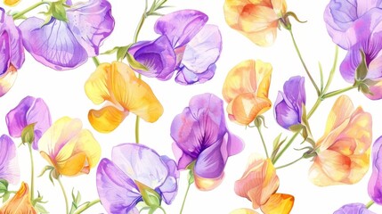 Wall Mural - watercolor illustration of purple and yellow sweet pea flowers on a white background ,summer botanical pattern for background, wallpaper, fabric and textile
