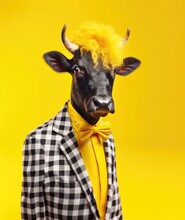 The Black Bull Dressed In Checkered Suits And A Yellow Shirt.
