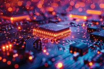 Poster - Close-up of a circuit board with glowing neon lines and bokeh effect, resembling a futuristic tech landscape