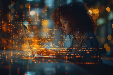 Poster - Indistinct figure working on laptop, surrounded by floating digital particles and illuminated keys
