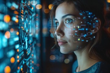 Poster - A young woman with a facial recognition interface pattern projected onto her face, illustrating concepts of technology and identity