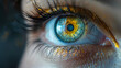 A close-up of a person's eye with a clock in it,
Large yellow green eye depicting evil eye
