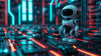 Poster - Futuristic Robot Amidst Neon Server Racks