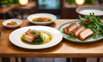 Wall Mural - a plate of crispy pork belly with golden brown skin and tender white meat, garnished with green herbs and red chilies