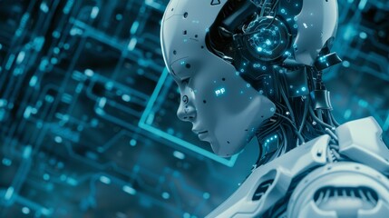 Poster - Futuristic Android Head Against a Digital Backdrop