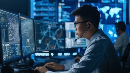Aufkleber - Focused IT Professional at Workstation During Night Shift