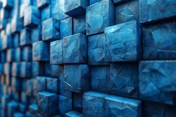 Poster - A close-up of a 3D geometric pattern on a wall in varying shades of blue, creating a futuristic effect