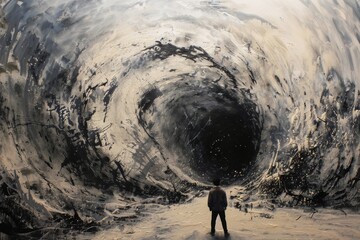 A person stands dwarfed by a massive, swirling wave in a monochromatic painting, evoking feelings of awe and the sublime.

