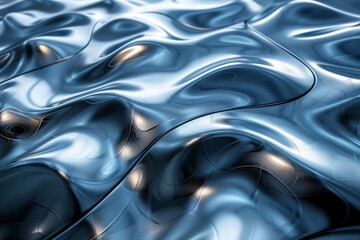 Poster - A close-up view of liquid-like metallic blue waves giving a sensation of movement in a 3D rendered digital artwork