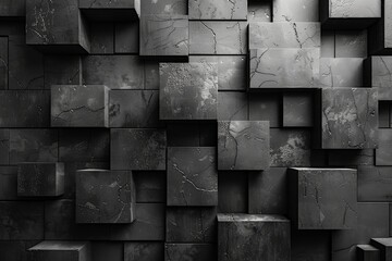 Poster - An impactful monochrome 3D block wall texture, resembling an abstract architectural feature of depth