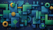 Abstrakte Darstellung technischer Elemente in Blau, Grün und Gelb, Hintergrund im Querformat