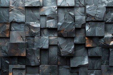 Poster - A close-up of black slate tiles with delicate patterns and variances creating texture and depth