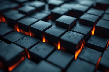 Poster - Orange light glows from beneath a grid of 3D render black cubes creating an abstract, futuristic backdrop