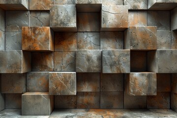 Poster - High-resolution 3D rendering of a wall made from stacked rustic concrete cubes with varying tones and textures