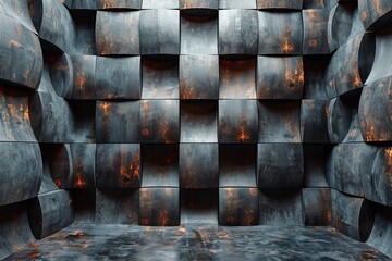 Poster - A dark, moody image showcasing a pattern of rustic metallic cubes in a symmetric array