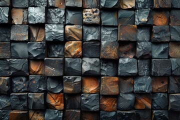 Poster - A detailed image showcasing an array of geometric metallic cubes with selective rusting giving an organic feel
