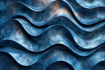 Poster - Striking image of undulating waves in blue with an intricate textured surface design, depicting movement
