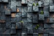 A 3D rendered black textured wall featuring geometric shapes with green plant life introducing a touch of nature