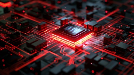 Aufkleber - Glowing Red Circuit Board With Central Processor at Night