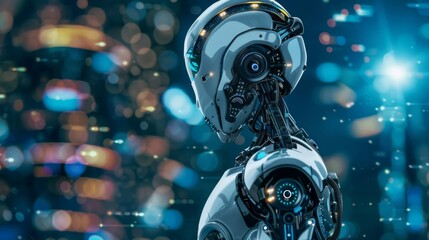 Poster - Futuristic Robot Head Against a Blurred Lights Background