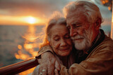 Fototapeta  - Loving Elderly Couple Embracing at Sunset on a Cruise Ship