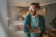 Portrait of adult men with eyeglasses beard and tattoos home happy