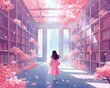 Virgo in an ancient library, cinematic, surrounded by towering bookshelves, soft beams of light filtering through dust