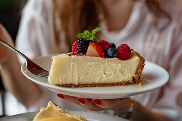 Wall Mural - Detailed close-up of a woman relishing a slice of rich, creamy New York cheesecake