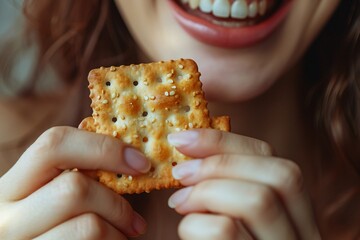 Wall Mural - Detailed close-up of a woman munching on a crunchy, flavorful cracker